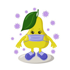 Cute kawaii pear with sneakers and medical mask surrounded by viruses. Colored isolated natural vector illustration in flat design with shadows	