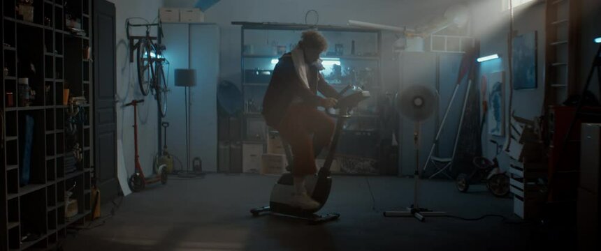 HANDHELD Funny overweight man in retro outfit dancing after riding a stationary bicycle in his home garage. Exercising during COVID-19 self isolation quarantine
