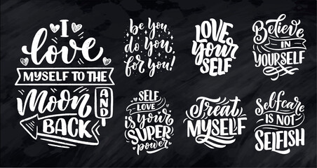 Fototapeta premium Set with selfcare lettering quotes for blog or sale. Time to something nice. Beauty, body care, premium cosmetics, delicious, ego. Modern calligraphy. Vector design prints