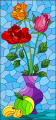 Illustration in stained glass style with bouquets of roses in a purple vase and fruits on table on a blue background