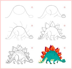 How to draw cute toy stegosaurus. Educational page for children. Creation step by step prehistoric animal illustration. Printable worksheet for kids school exercise book. Online education. © nataljacernecka