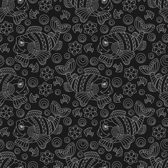 Seamless pattern with cartoon fun fishes and flowers, light contour animals on a dark background