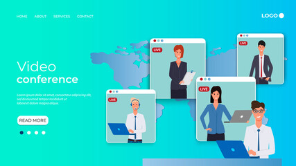 Online video conference.Teamwork between the businessmen and business women.Remote work, online training, freelancing, and virtual communication in self-isolation.The template of the landing page.