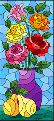 Illustration in stained glass style with floral still life, vase with a bouquet of bright roses and fruits on a blue background