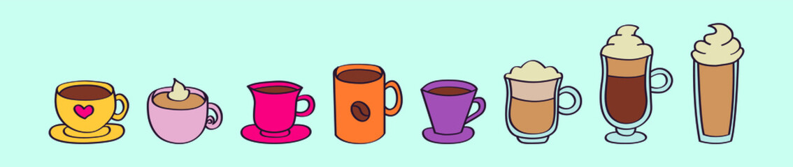 set of coffee cartoon icon design template with various models. vector illustration isolated on blue background