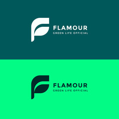 letter F with a monogram concept in the form of black and white leaves on a green background.