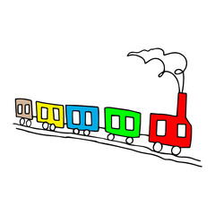 Beautiful colored hand-drawn black vector illustration of toy train with four wagons isolated on a white background for coloring book for children