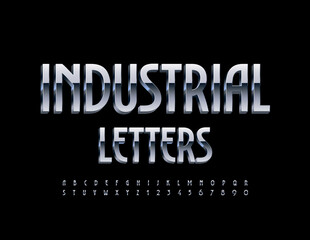 Vector Industrial style Silver Alphabet Letters and Numbers set. Elegant metallic Font