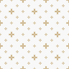 Subtle golden vector seamless pattern with small flower shapes, stars, crosses. Simple floral geometric background. Abstract minimal white and gold texture. Luxury repeat design for decor, wallpapers