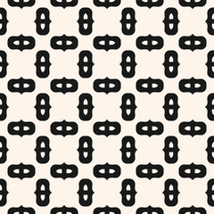 Simple vector monochrome seamless pattern. Abstract geometric texture with curved shapes, grid, net. Black and white background. Modern repeated design for decor, print, wallpapers, textile, fabric