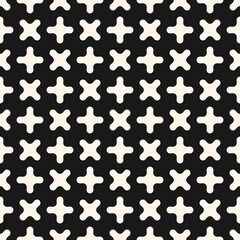 Simple vector seamless pattern. Abstract geometric texture with small crosses, funky curved shapes. Hipster fashion background. Black and white ornament. Stylish dark repeat design for decor, print