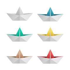 Fototapeta premium Paper boat set. Origami paper boat. Collection of six folded paper boats. Paper craft ship. Different colors. Isolated on white background. Nautical theme elements. Vector illustration, flat, clip art