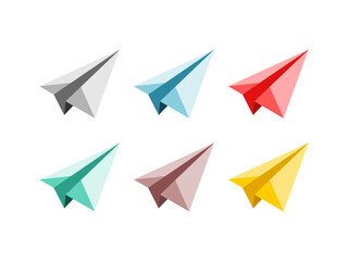 Paper plane set. Origami paper planes. Collection of six folded paper aircraft. Handmade paper craft. Airplane icon. Various colors. Isolated on white background. Vector illustration, flat, clip art.