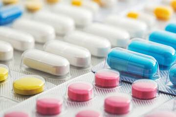 medical pills in plastic box. Pharmacy and medicine industry.