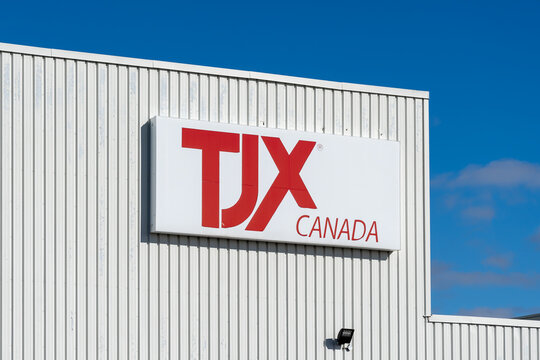 Brampton, Ontario, Canada- November, 4, 2018: Sign of TJX Canada at Warehouse in Brampton, Ontario, Canada, an American multinational off-price department store corporation. 