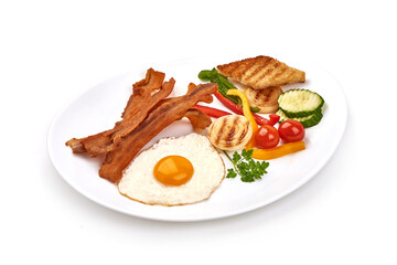 Fototapeta na wymiar Fried Bacon with eggs, american breakfast, isolated on white background