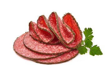 Salami Sausage Slices, isolated on white background