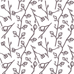 Seamless, endless pattern with hand-drawn scribbles of branches and flowers on a white background. Perfect for wrapping paper or room's decor, vector illustration