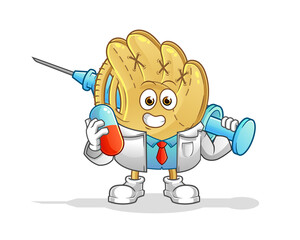 baseball glove doctor holding medichine and injection vector. cartoon character