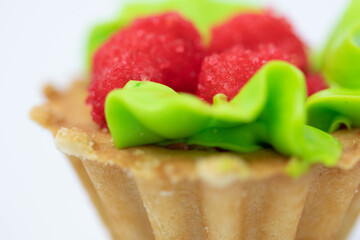 A piece of sweet and tasty cake close-up. Macro shooting. Birthday cake.