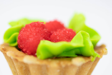A piece of sweet and tasty cake close-up. Macro shooting. Birthday cake.