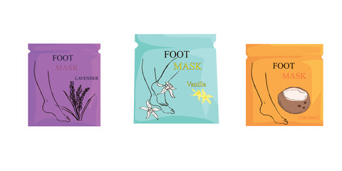 set of isolated packs of masks for feet. vector flat style. mockup, design of care cosmetics. template.