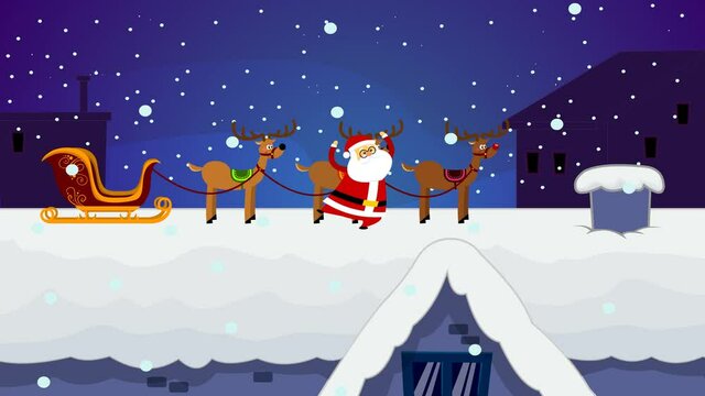 Santa And Тhe Deer Arrive And Enter With A Sack Through The Chimney. 4K Animation Video Motion Graphics With Cityscape Background And Text