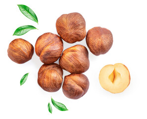 Hazelnuts isolated on white background. Top view. Flat lay.
