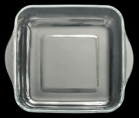 Rounded square Glass Baking Pan with curved handles, isolated on black background.