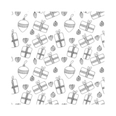 Seamless pattern with line Christmas decorations. Hand drawn vector background for wrapping paper, fabric, textile. Merry Christmas, Happy new year illustration with gift boxes and balls.