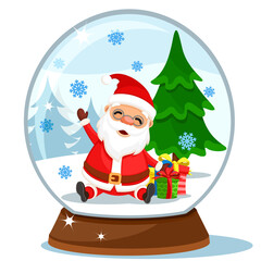 Snow globe with Santa Claus, gifts and Christmas tree. Merry christmas and a happy new year