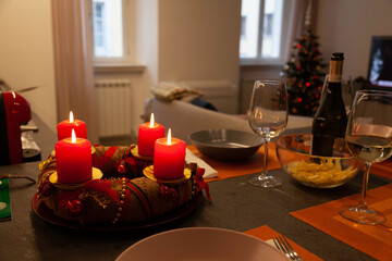 Christmas table with decorations in a cozy room