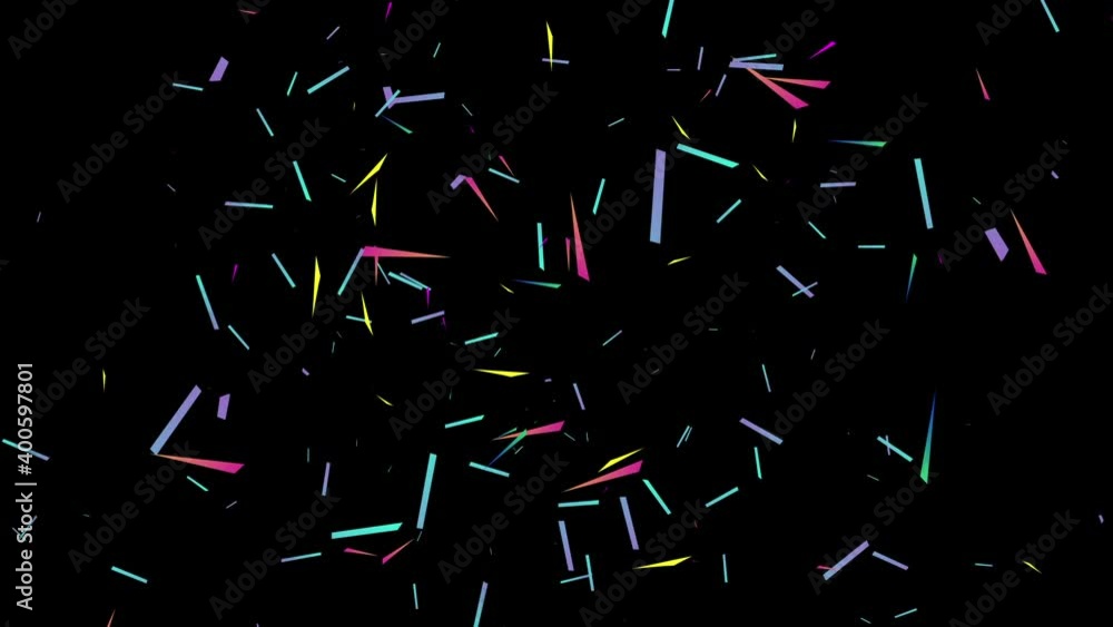 Poster abstract sharp particles of different shapes and colors fly in outer space on a black background. 3d