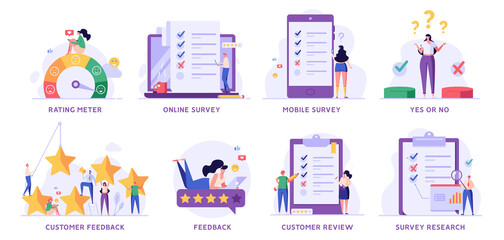 Survey Vector Illustration Set. People Giving Feedback, Choosing Answer, Making Decision and Research. Collection of Online Survey, Customer Review, Voting, Checklist, Client Feedback for Web Design