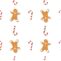 Fototapeta na wymiar Christmas seamless pattern of traditional happy man gingerbread cookies and candy canes.