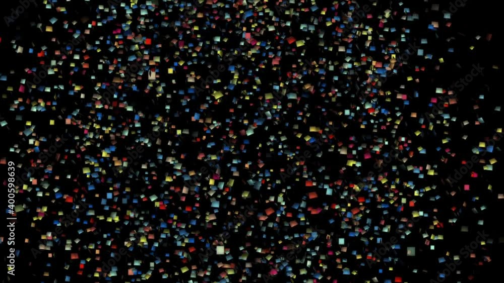 Poster abstract sharp particles of different shapes and colors fly in outer space on a black background. 3d