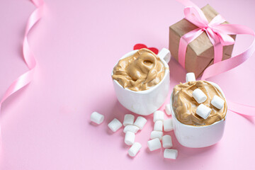 valentines day background coffee marshmallow gift concept mothers Day romance or 8 March pleasant top view copy space for text food background rustic