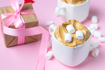 valentines day background coffee marshmallow gift concept mothers Day romance or 8 March pleasant top view copy space for text food background rustic