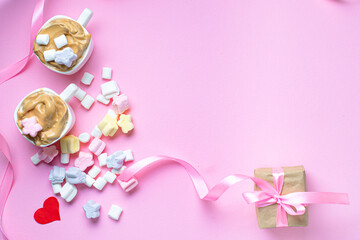 valentines day background coffee marshmallow gift concept mothers Day romance or 8 March pleasant top view copy space for text food background rustic