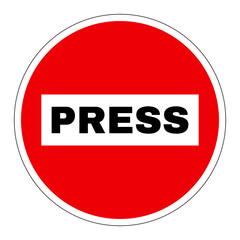 Press prohibition or ban sign. Red round sign with the word Press prohibiting entry to journalists	