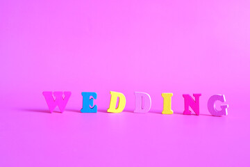 Word wedding. Wedding decor. Caption wedding of wooden letters.