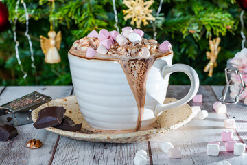 Hot chocolate with whipped cream and marshmallows