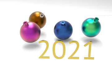 Happy New Year 2021. Golden 3D numbers and christmas vintage glass bubbles