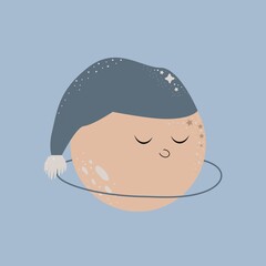 Vector illustration of a sleepy planet isolated on a blue background.Illustration of a planet in a cap for children's design