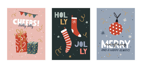 Christmas and Happy New Year greeting cards set with cute holiday elements. Vector hand drawn illustrations.