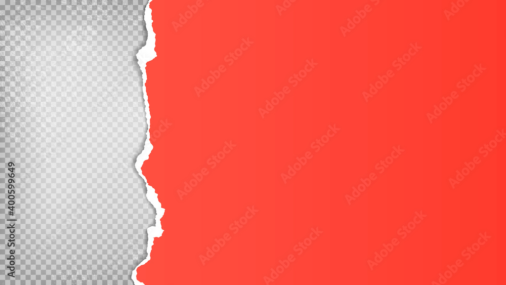 Poster piece of torn, ripped red paper with soft shadow is on grey stained transparent background for text.