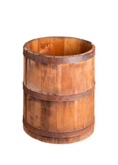 Wooden barrel isolate on a white background. Opened wooden barrel close-up.