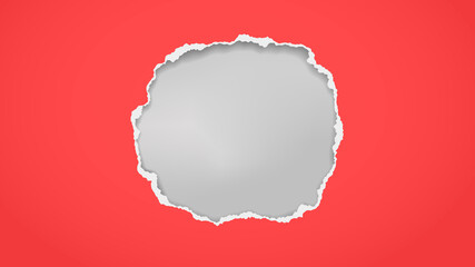 Round hole composition in red paper with torn edges and soft shadow is on grey background. Vector illustration