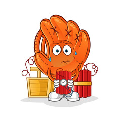 baseball glove holding dynamite character. cartoon mascot vector