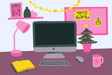 Modern workspace vector set with computer desktop, accessories and Christmas decorations on table.